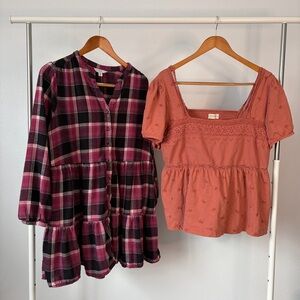 Lucky Brand Rust Eyelet Peplum Top and Pink Plaid Button Dress